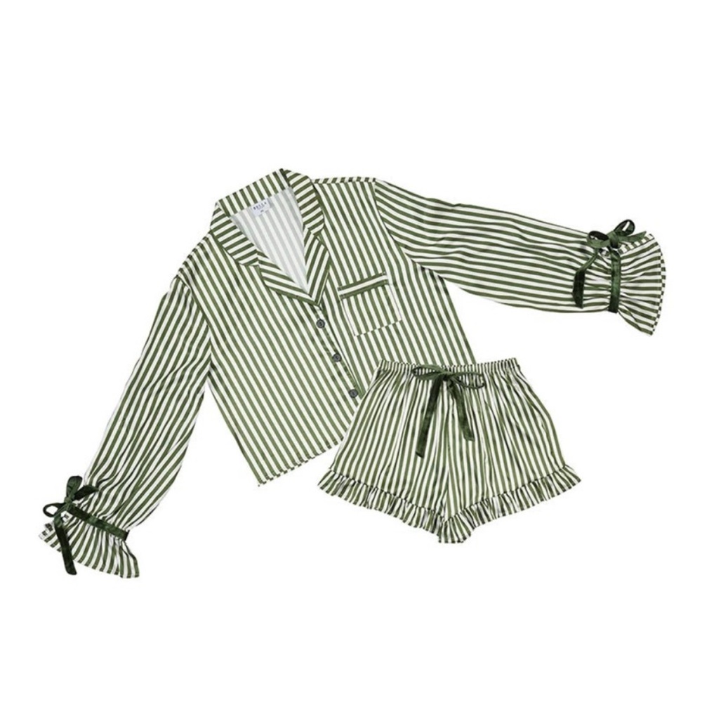🏷️ NWT Bella Sleep + Spa Cropped PJ Set + Velvet Ties, Green Stripe